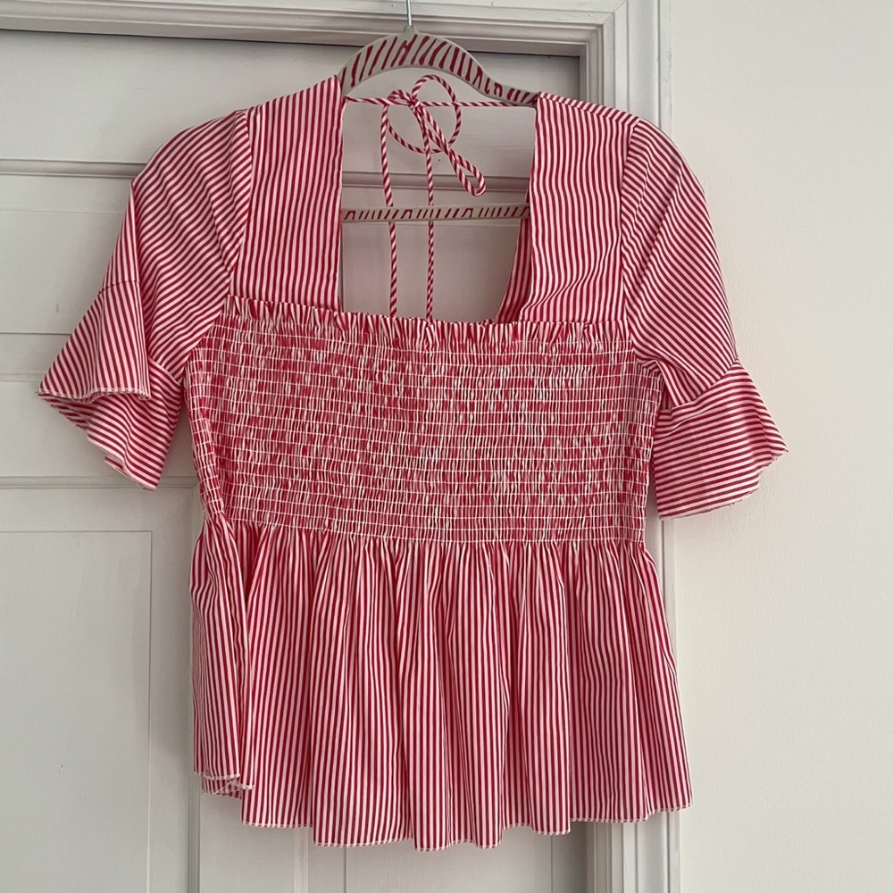 Mango Red White Striped Peplum Blouse